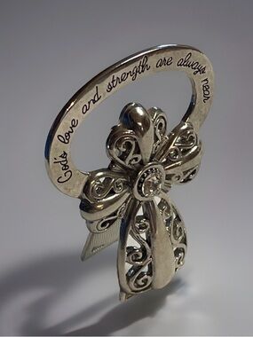Alexa's Angels Beside Cross Silver Tone Zinc Metal Crystal Collectible Figurine